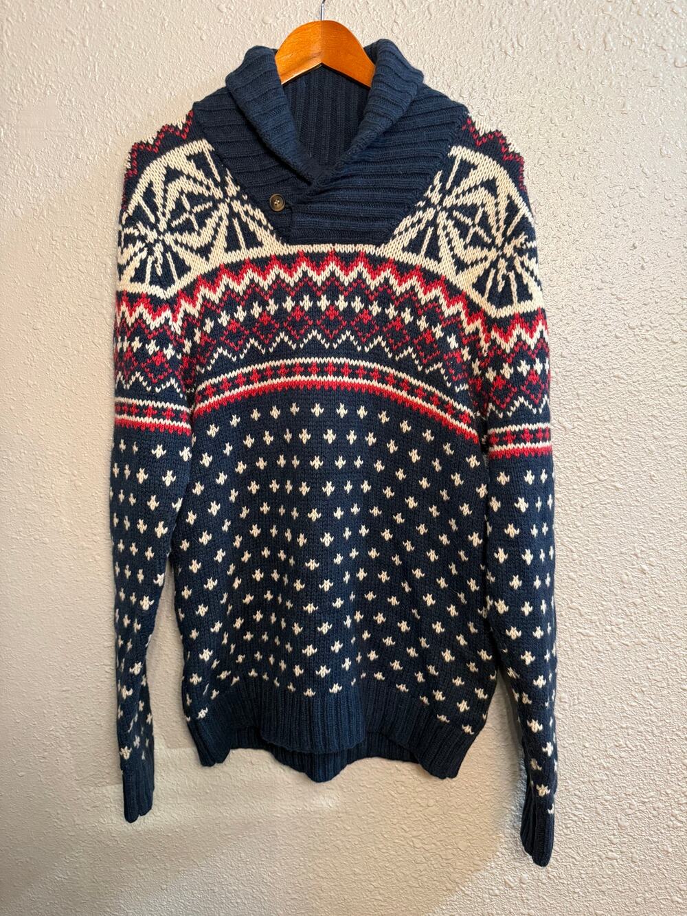 H&M L.O.G.G Mens Heavy Snowflake Knit Sweater w/ Shawl Collar Wool Blend Size M